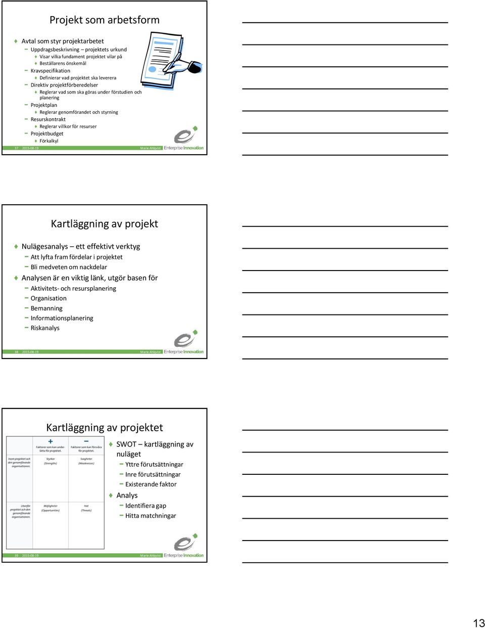 Kartläggning av projekt Nulägesanalys ett effektivt verktyg Att lyfta fram fördelar i projektet Bli medveten om nackdelar Analysen är en viktig länk, utgör basen för Aktivitets- och resursplanering