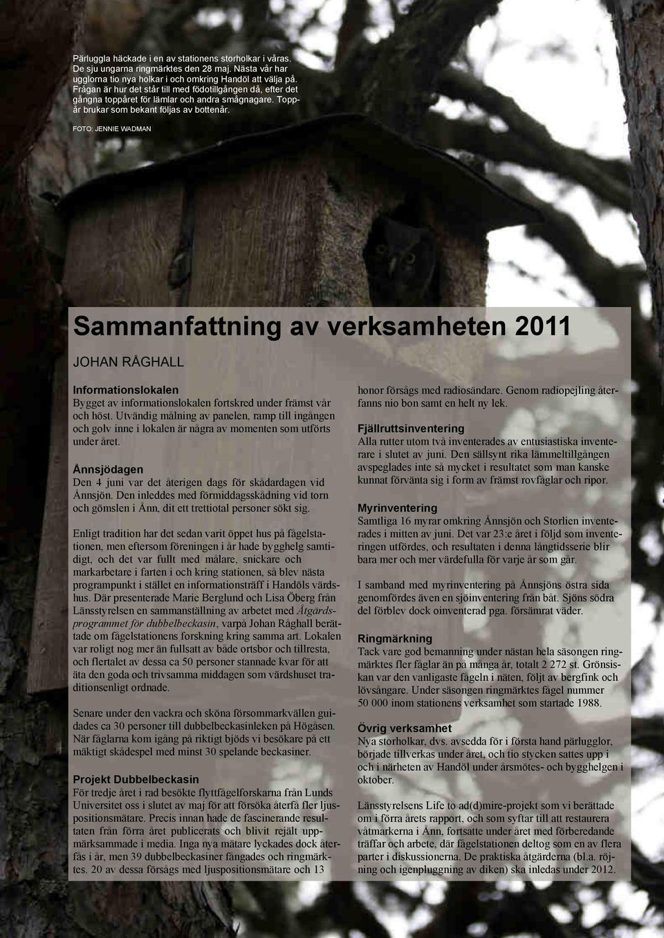 FOTO: JENNIE WADMAN Sammanfattning av verksamheten 2011 JOHAN RÅGHALL Informationslokalen Bygget av informationslokalen fortskred under främst vår och höst.