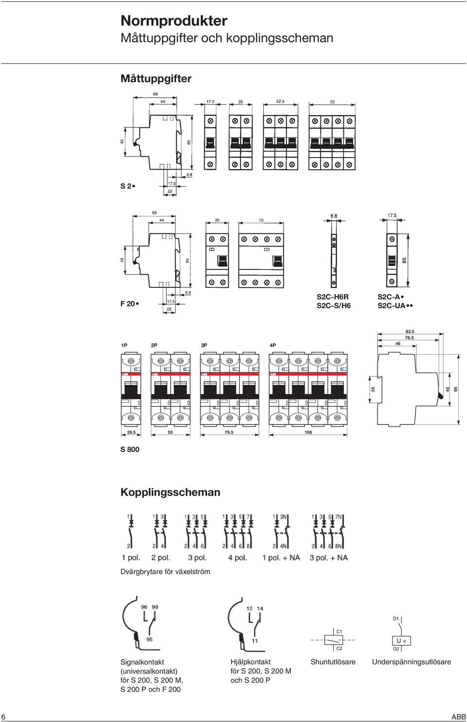 5 106 S 800 Kopplingsscheman Dvärgbrytare för växelström D1 C1 C2 D2 U < Signalkontakt