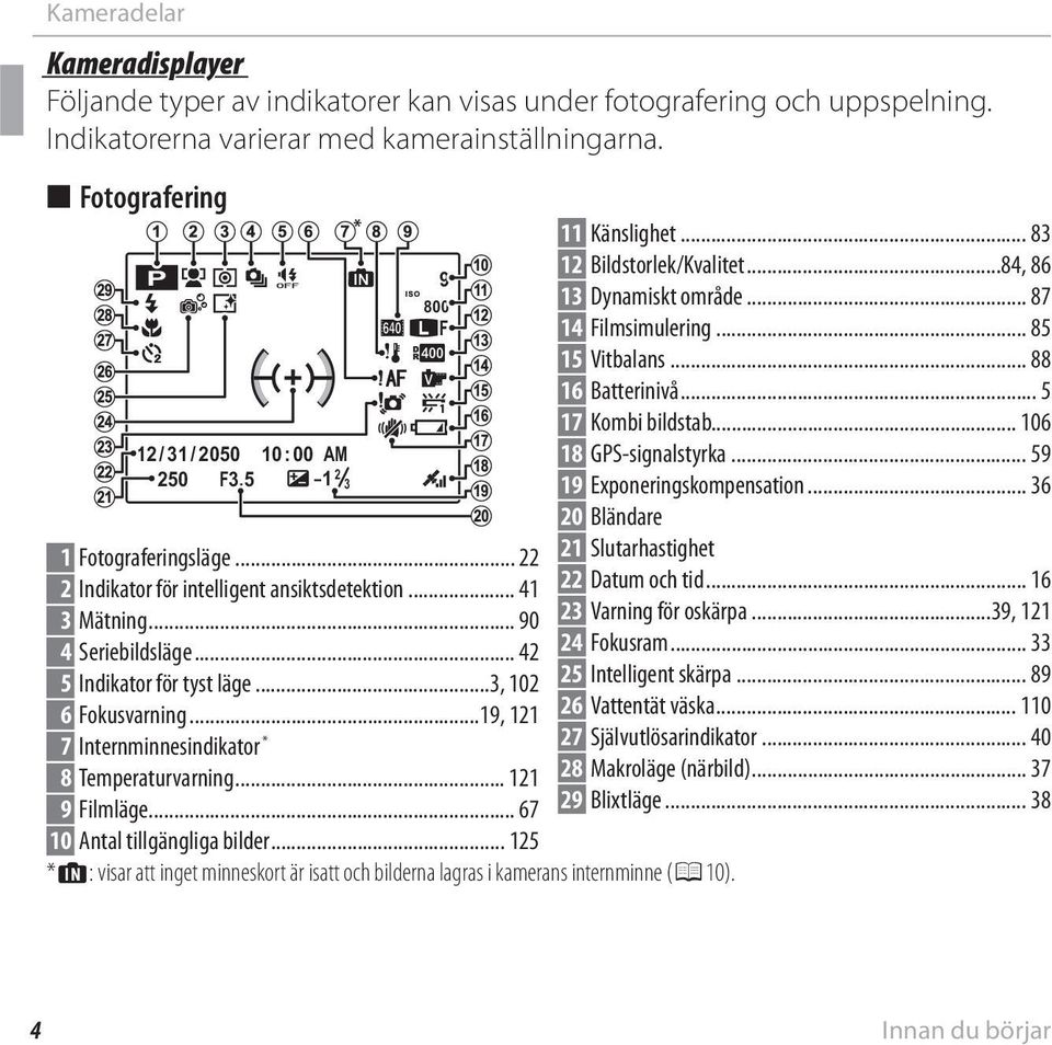 .. 42 5 Indikator för tyst läge...3, 102 6 Fokusvarning...19, 121 7 Internminnesindikator * 8 Temperaturvarning... 121 9 Filmläge... 67 10 Antal tillgängliga bilder.