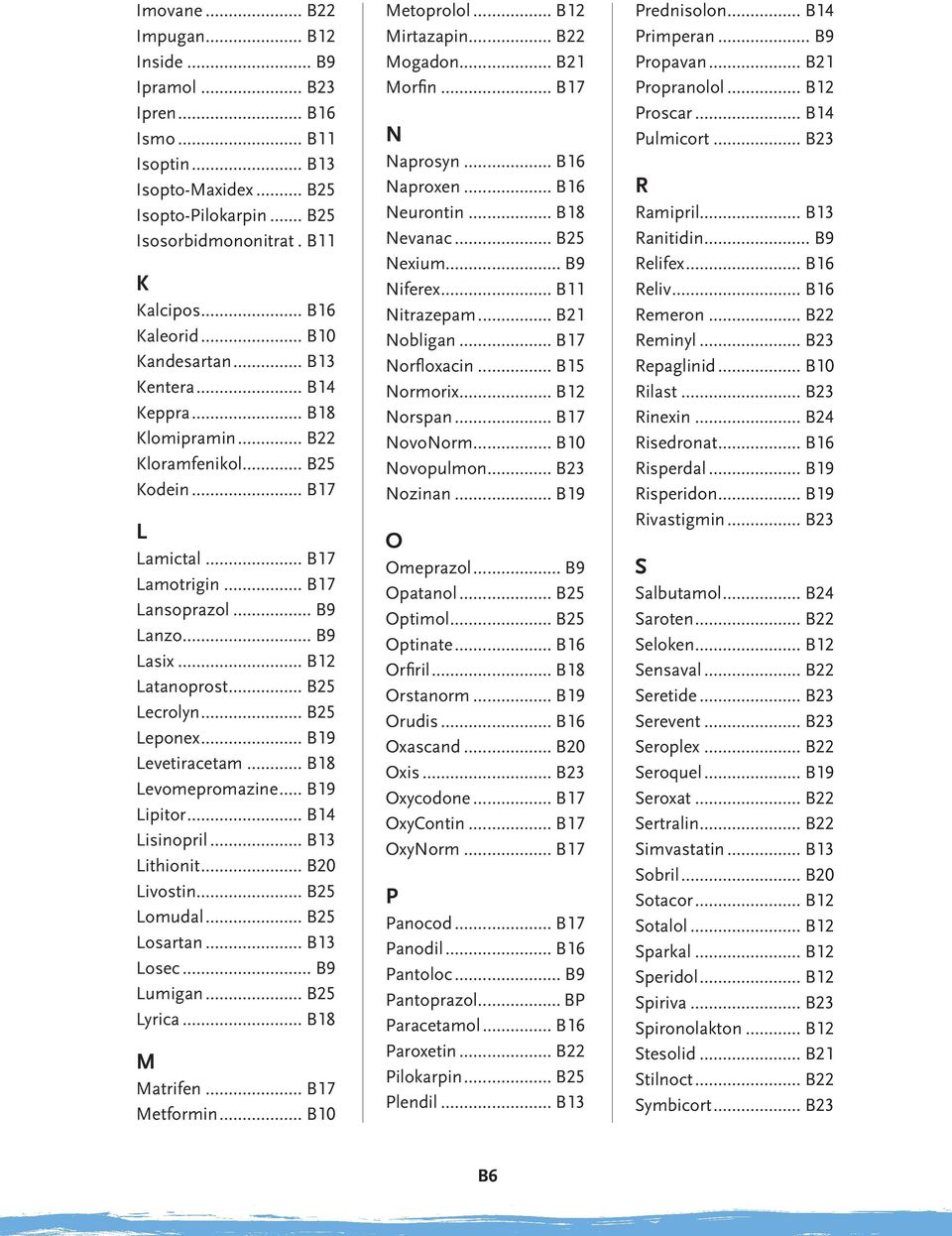 .. B25 Lecrolyn... B25 Leponex... B19 Levetiracetam... B18 Levomepromazine... B19 Lipitor... B14 Lisinopril... B13 Lithionit... B20 Livostin... B25 Lomudal... B25 Losartan... B13 Losec... B9 Lumigan.