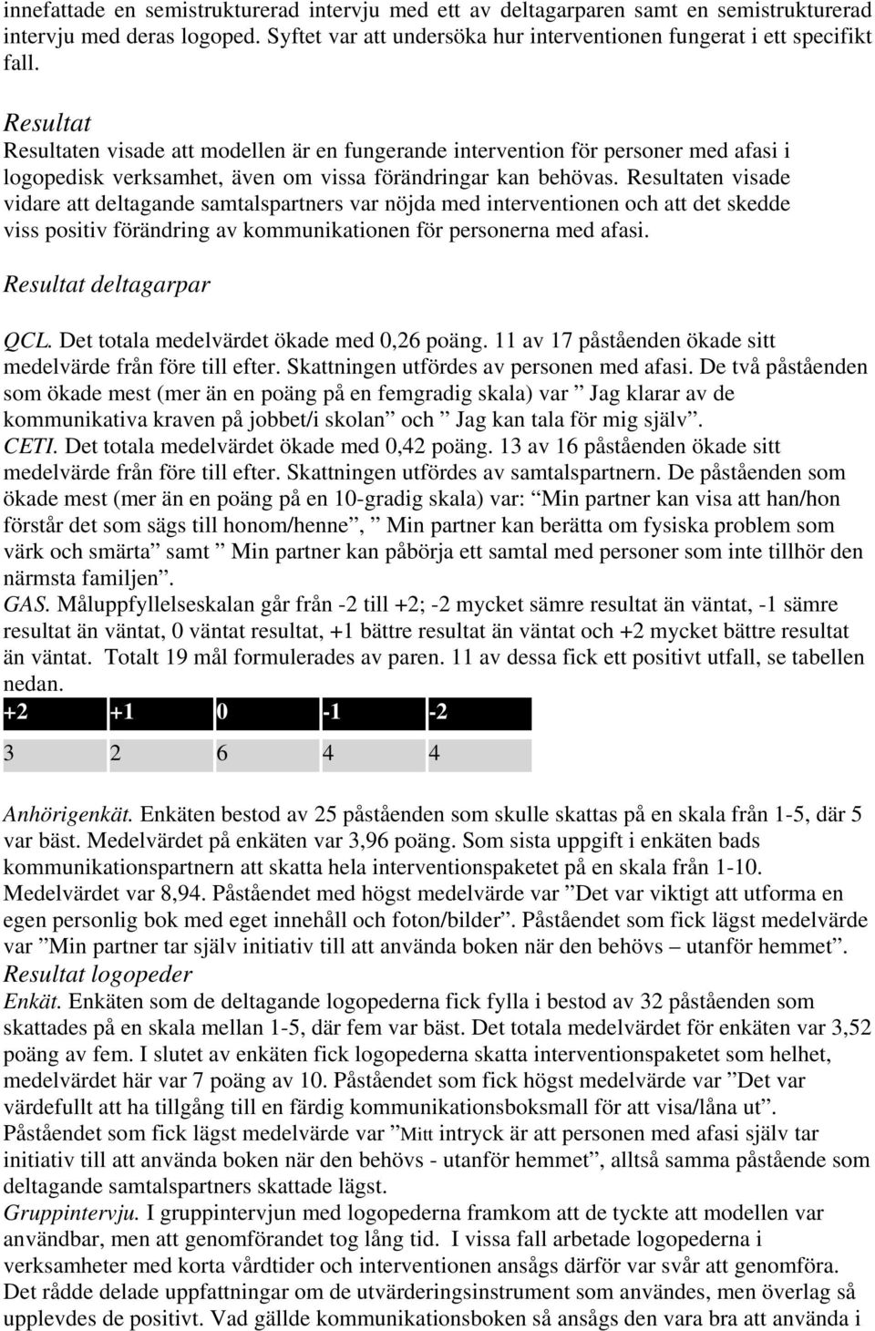 Resultaten visade vidare att deltagande samtalspartners var nöjda med interventionen och att det skedde viss positiv förändring av kommunikationen för personerna med afasi. Resultat deltagarpar QCL.