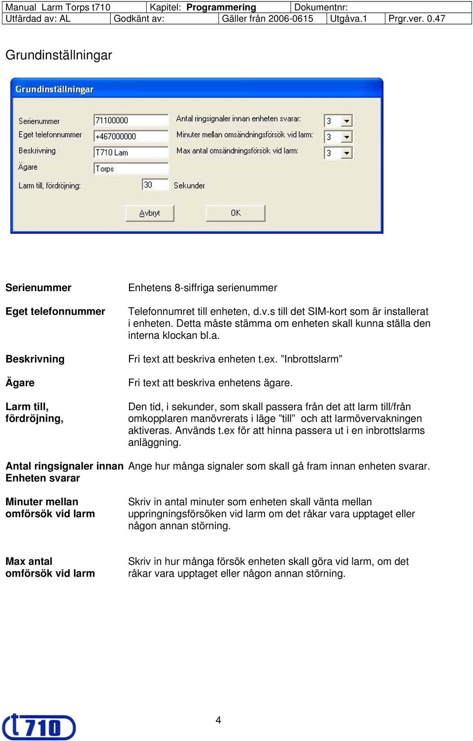 Den tid, i sekunder, som skall passera från det att larm till/från omkopplaren manövrerats i läge till och att larmövervakningen aktiveras. Används t.