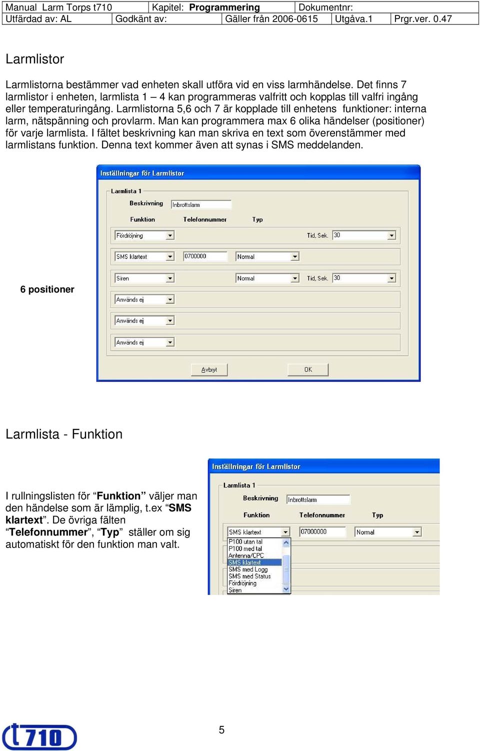 Larmlistorna 5,6 och 7 är kopplade till enhetens funktioner: interna larm, nätspänning och provlarm. Man kan programmera max 6 olika händelser (positioner) för varje larmlista.