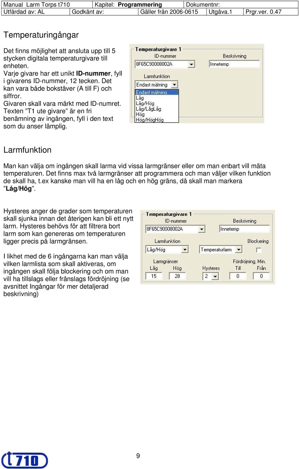 Larmfunktion Man kan välja om ingången skall larma vid vissa larmgränser eller om man enbart vill mäta temperaturen.