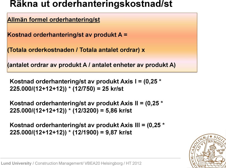 av produkt Axis I = (0,25 * 225.000/(12+12+12)) * (12/750) = 25 kr/st Kostnad orderhantering/st av produkt Axis II = (0,25 * 225.