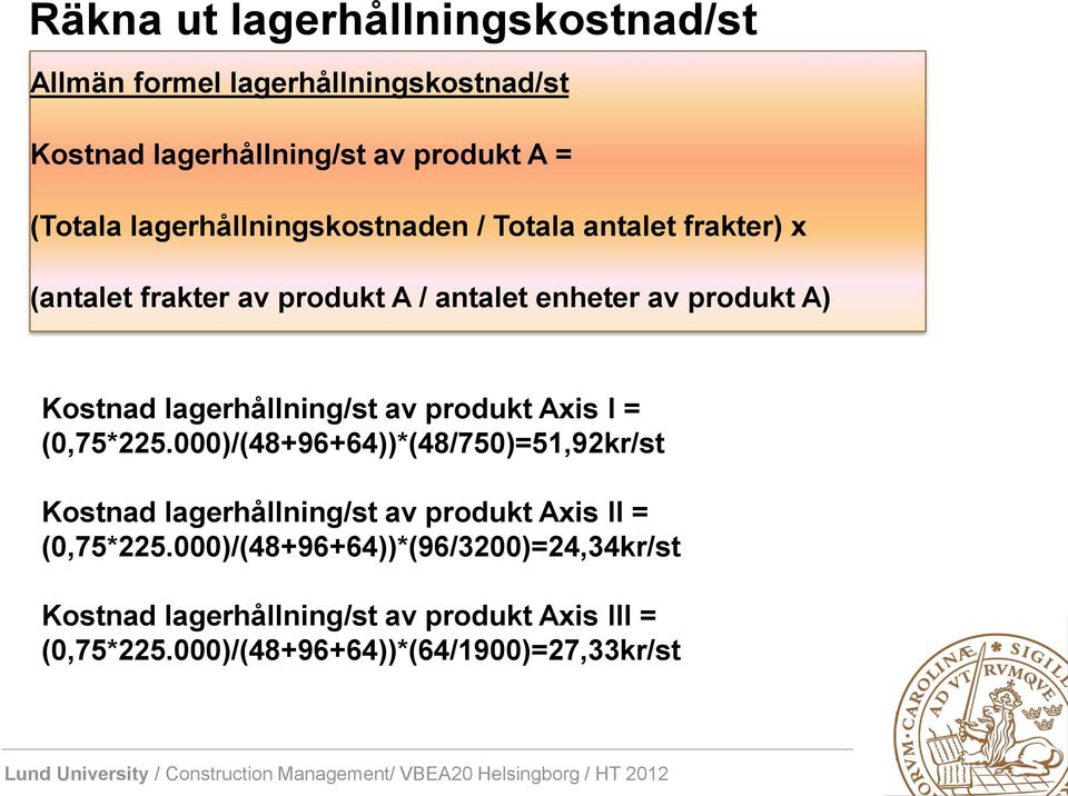 lagerhållning/st av produkt Axis I = (0,75*225.