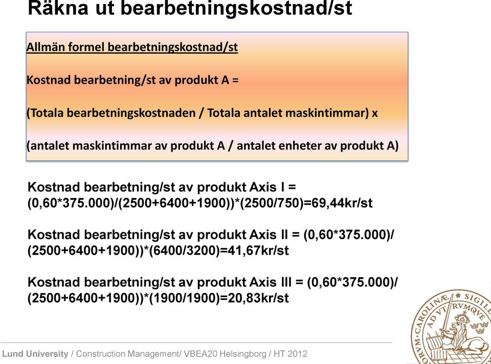 bearbetning/st av produkt Axis I = (0,60*375.