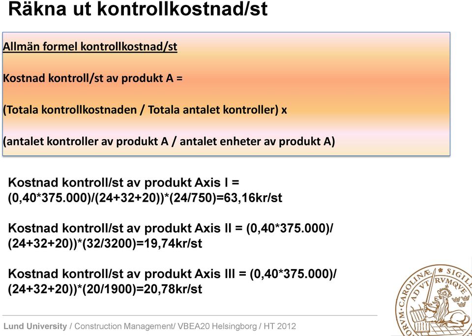 produkt Axis I = (0,40*375.000)/(24+32+20))*(24/750)=63,16kr/st Kostnad kontroll/st av produkt Axis II = (0,40*375.