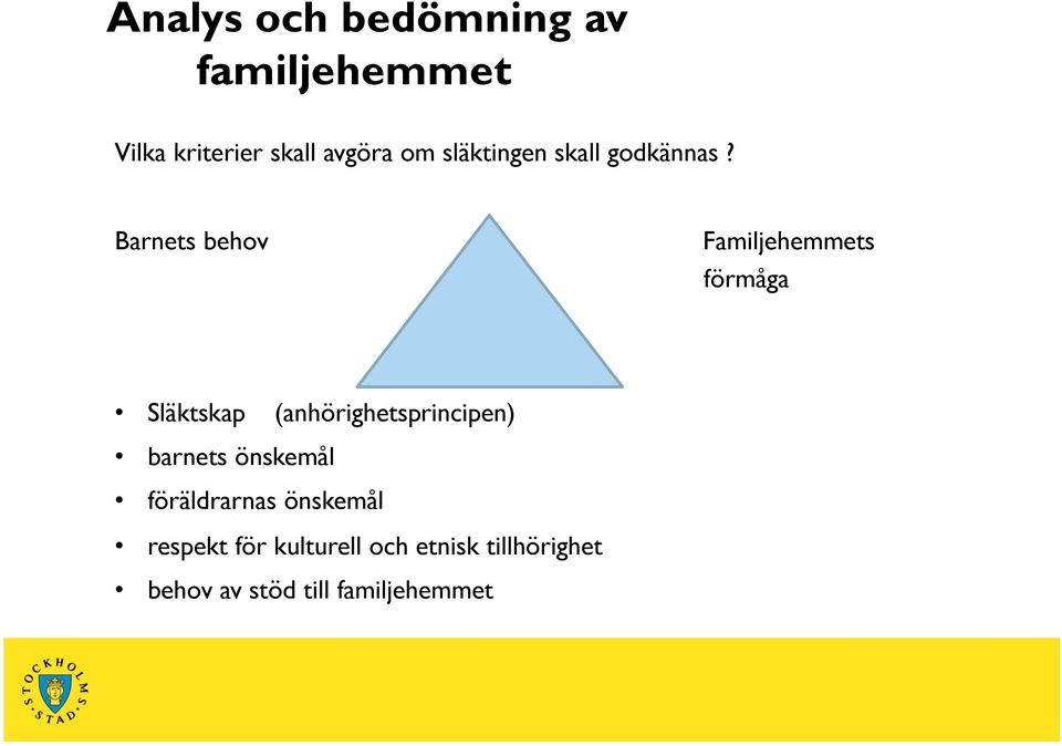 Barnets behov Familjehemmets förmåga Släktskap (anhörighetsprincipen)