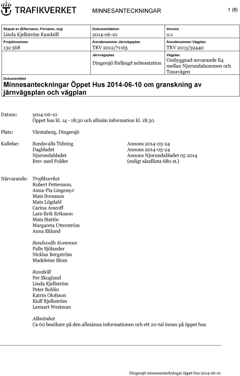 och Tunavägen Dokumenttitel Minnesanteckningar Öppet Hus 2014-06-10 om granskning av järnvägsplan och vägplan Datum: 2014-06-10 Öppet hus kl. 14-18.30 och allmän information kl. 18.
