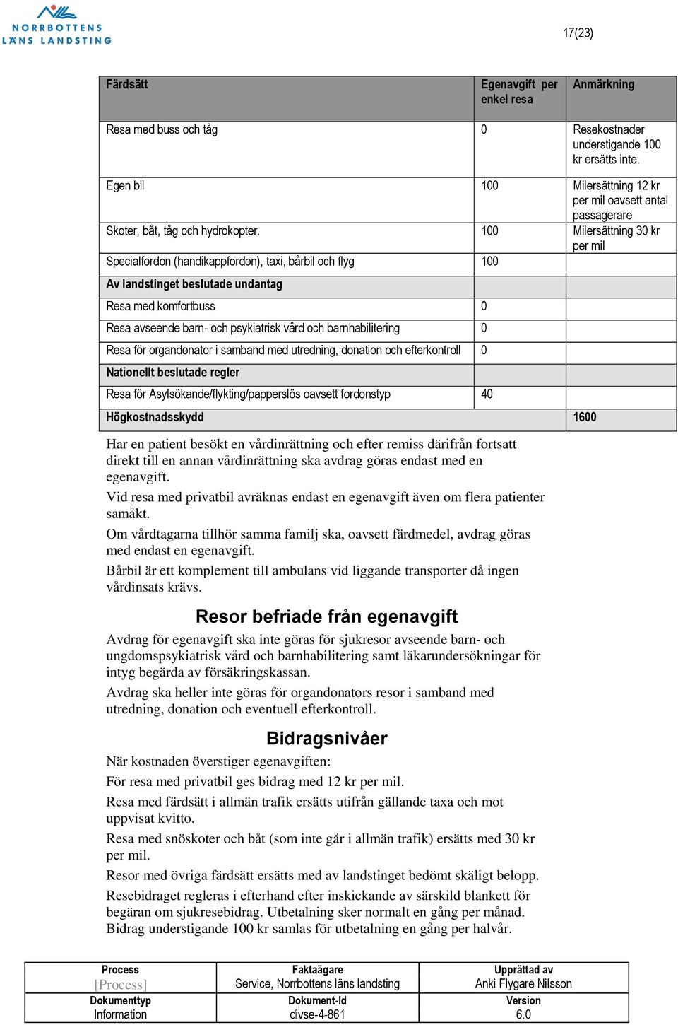 100 Milersättning 30 kr per mil Specialfordon (handikappfordon), taxi, bårbil och flyg 100 Av landstinget beslutade undantag Resa med komfortbuss 0 Resa avseende barn- och psykiatrisk vård och