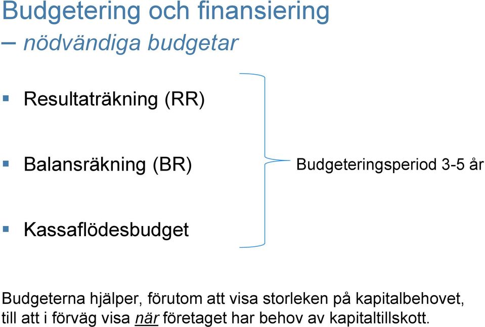 Budgeterna hjälper, förutom att visa storleken på kapitalbehovet,