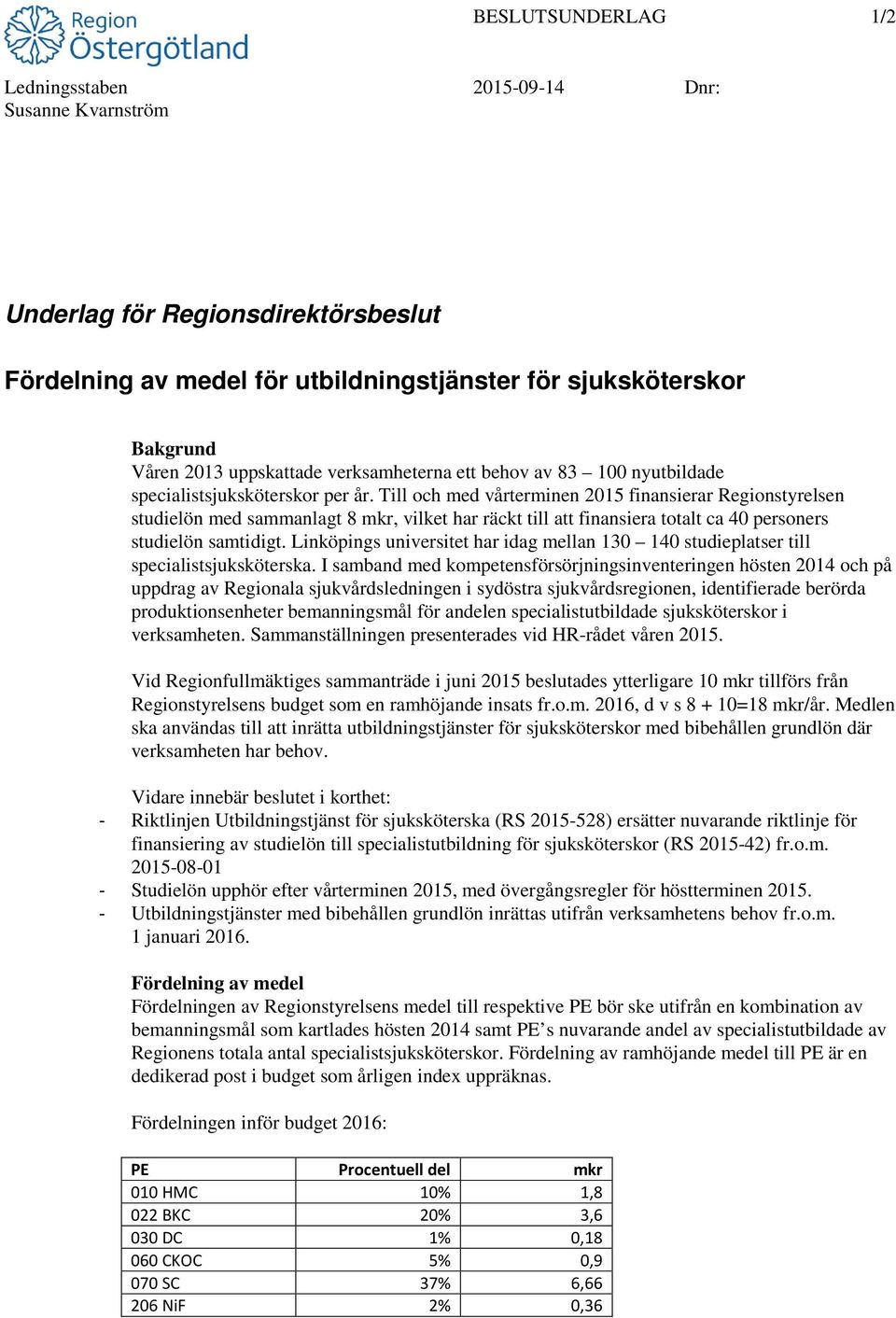 Till och med vårterminen 2015 finansierar Regionstyrelsen studielön med sammanlagt 8 mkr, vilket har räckt till att finansiera totalt ca 40 personers studielön samtidigt.