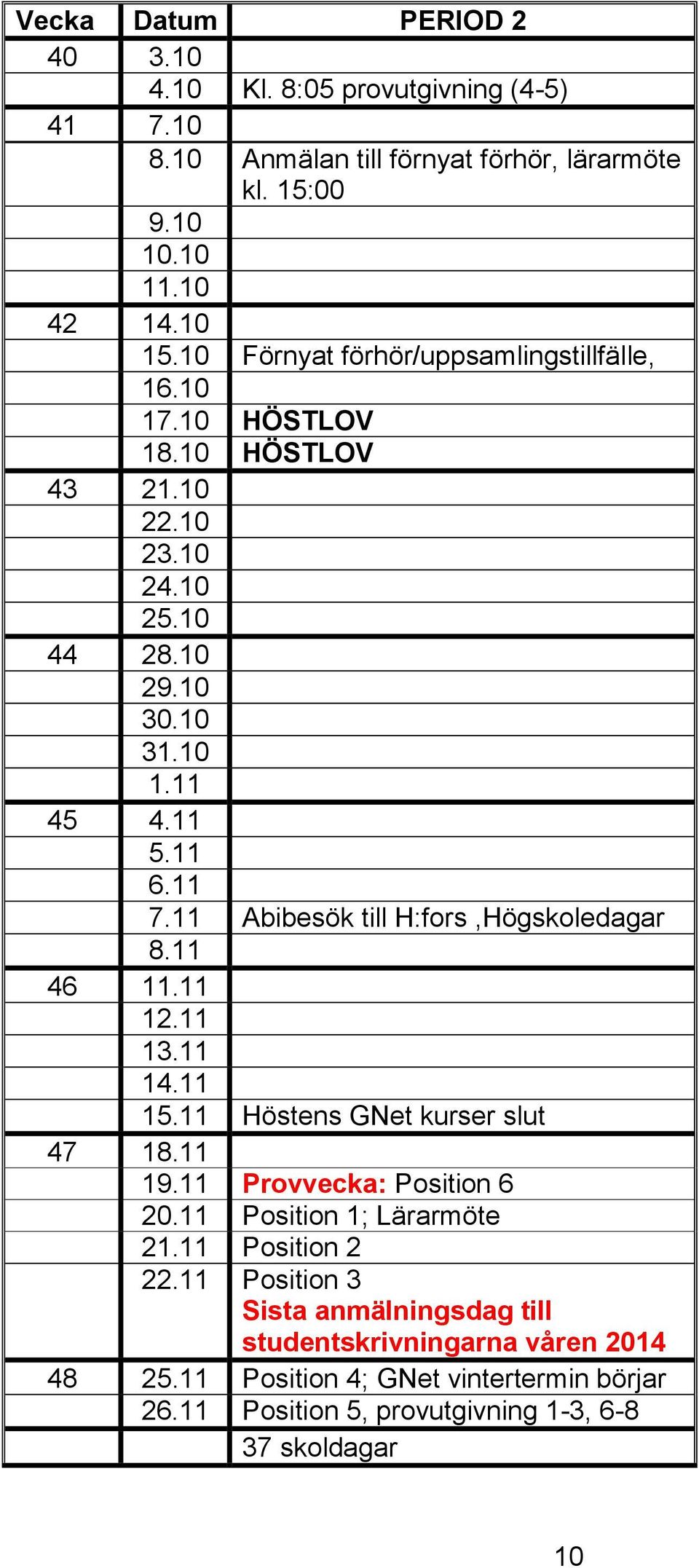 11 Abibesök till H:fors,Högskoledagar 8.11 46 11.11 12.11 13.11 14.11 15.11 Höstens GNet kurser slut 47 18.11 19.11 Provvecka: Position 6 20.