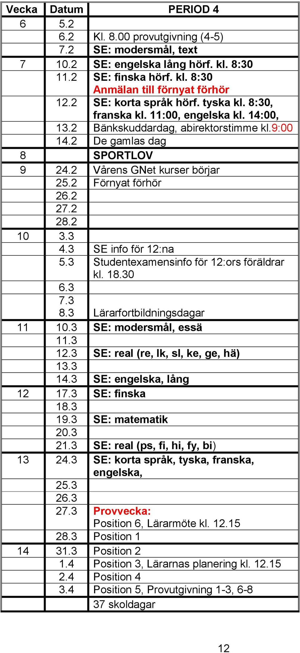 2 Förnyat förhör 26.2 27.2 28.2 10 3.3 4.3 SE info för 12:na 5.3 Studentexamensinfo för 12:ors föräldrar kl. 18.30 6.3 7.3 8.3 Lärarfortbildningsdagar 11 10.3 SE: modersmål, essä 11.3 12.