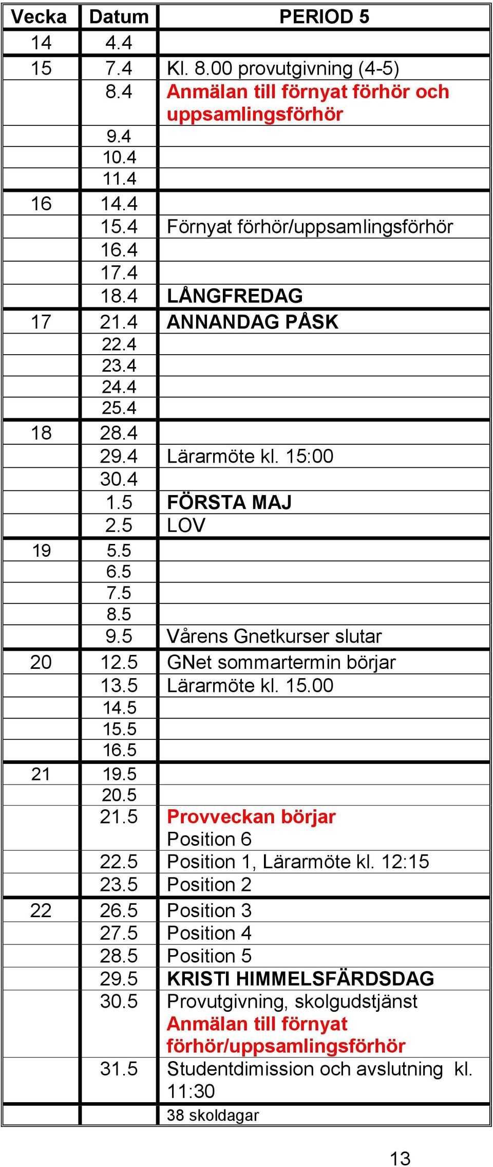5 GNet sommartermin börjar 13.5 Lärarmöte kl. 15.00 14.5 15.5 16.5 21 19.5 20.5 21.5 Provveckan börjar Position 6 22.5 Position 1, Lärarmöte kl. 12:15 23.5 Position 2 22 26.