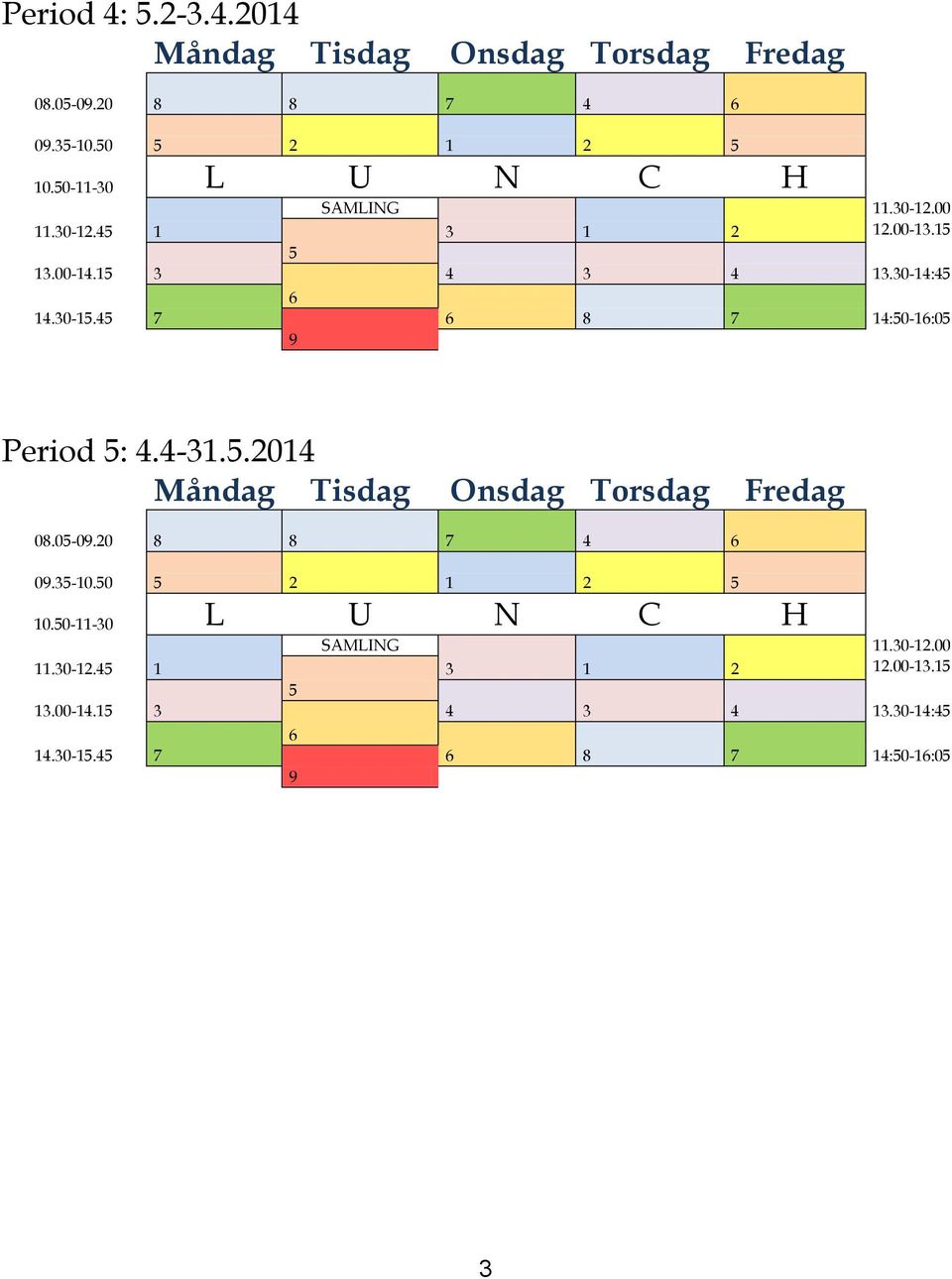 30-14:45 14:50-16:05 Period 5: 4.4-31.5.2014 Måndag Tisdag Onsdag Torsdag Fredag 08.05-09.20 8 8 7 4 6 09.35-10.
