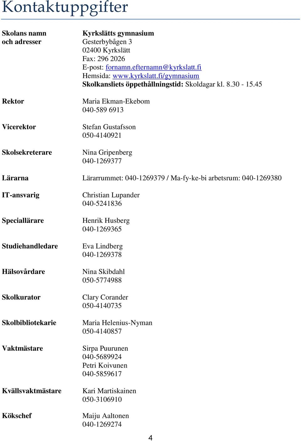 45 Rektor Vicerektor Skolsekreterare Maria Ekman-Ekebom 040-589 6913 Stefan Gustafsson 050-4140921 Nina Gripenberg 040-1269377 Lärarna Lärarrummet: 040-1269379 / Ma-fy-ke-bi arbetsrum: 040-1269380