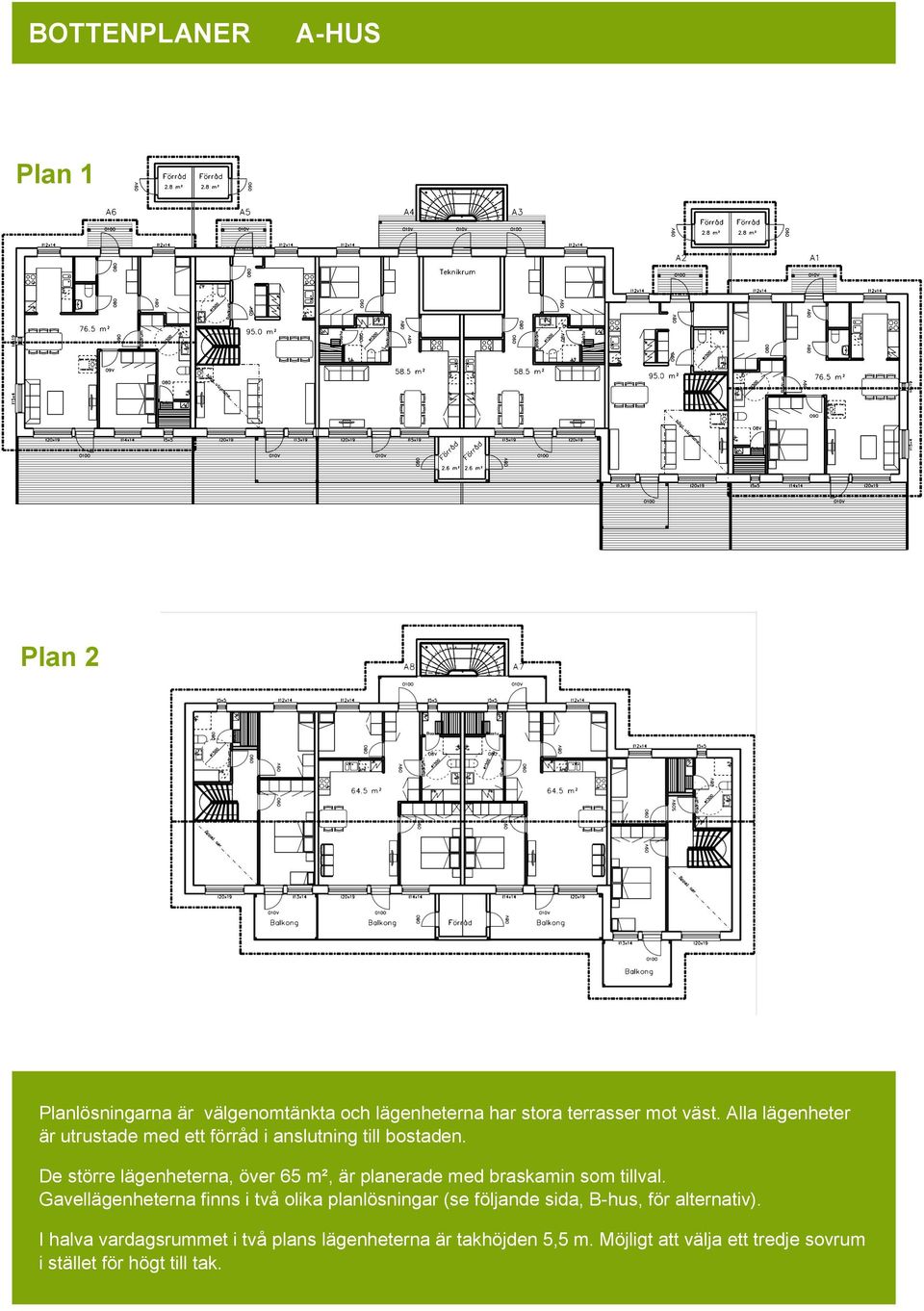 De större lägenheterna, över 65 m², är planerade med braskamin som tillval.