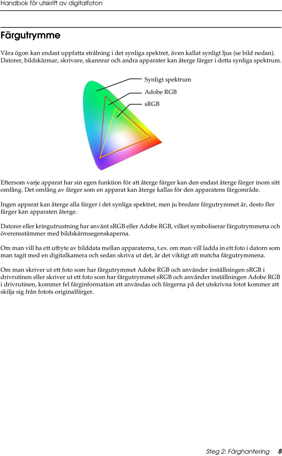 Synligt spektrum Adobe RGB srgb Eftersom varje apparat har sin egen funktion för att återge färger kan den endast återge färger inom sitt omfång.