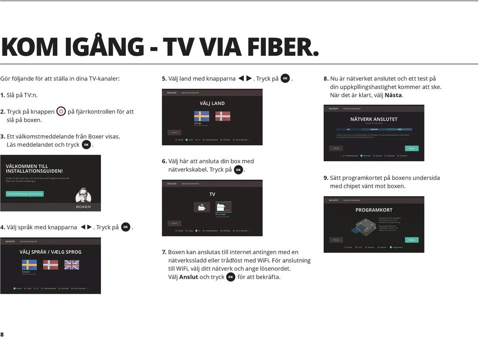 Ett välkomstmeddelande från Boxer visas. Läs meddelandet och tryck X. 6. Välj här att ansluta din box med nätverkskabel. Tryck på. 9.