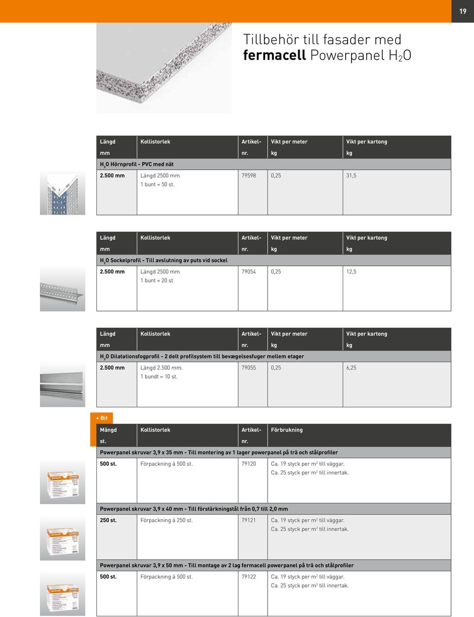500 mm Längd 2500 mm 1 bunt = 20 st 79054 0,25 12,5 Längd Kollistorlek Artikel- Vikt per meter Vikt per kartong mm kg kg H 2 O Dilatationsfogprofil - 2 delt profilsystem till bevægelsesfuger mellem