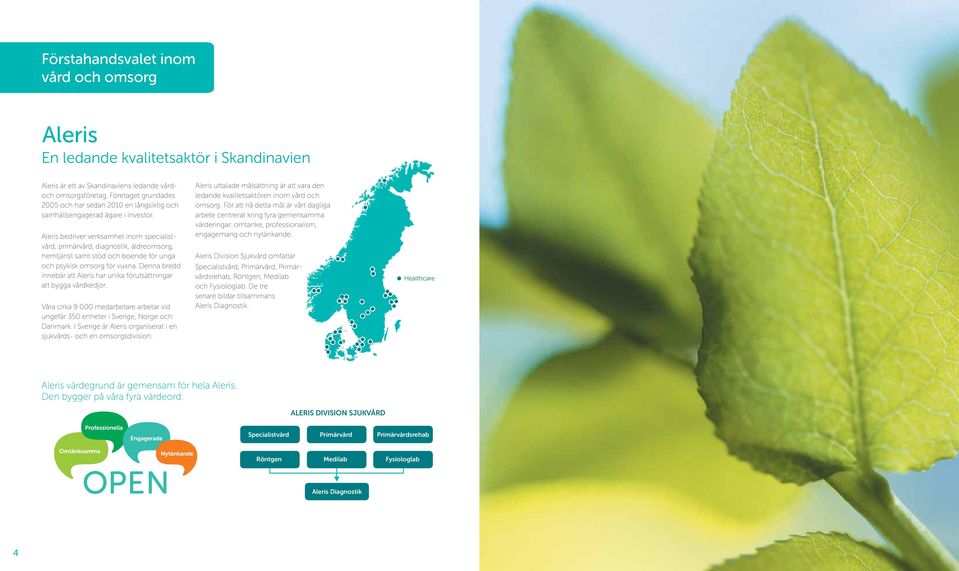 Aleris bedriver verksamhet inom specialistvård, primärvård, diagnostik, äldreomsorg, hemtjänst samt stöd och boende för unga och psykisk omsorg för vuxna.