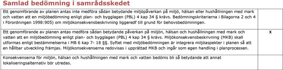 Ett genomförande av planen antas medföra sådan betydande påverkan på miljön, hälsan och hushållningen med mark och vatten att en miljöbedömning enligt plan- och bygglagen (PBL) 4 kap 34 krävs.