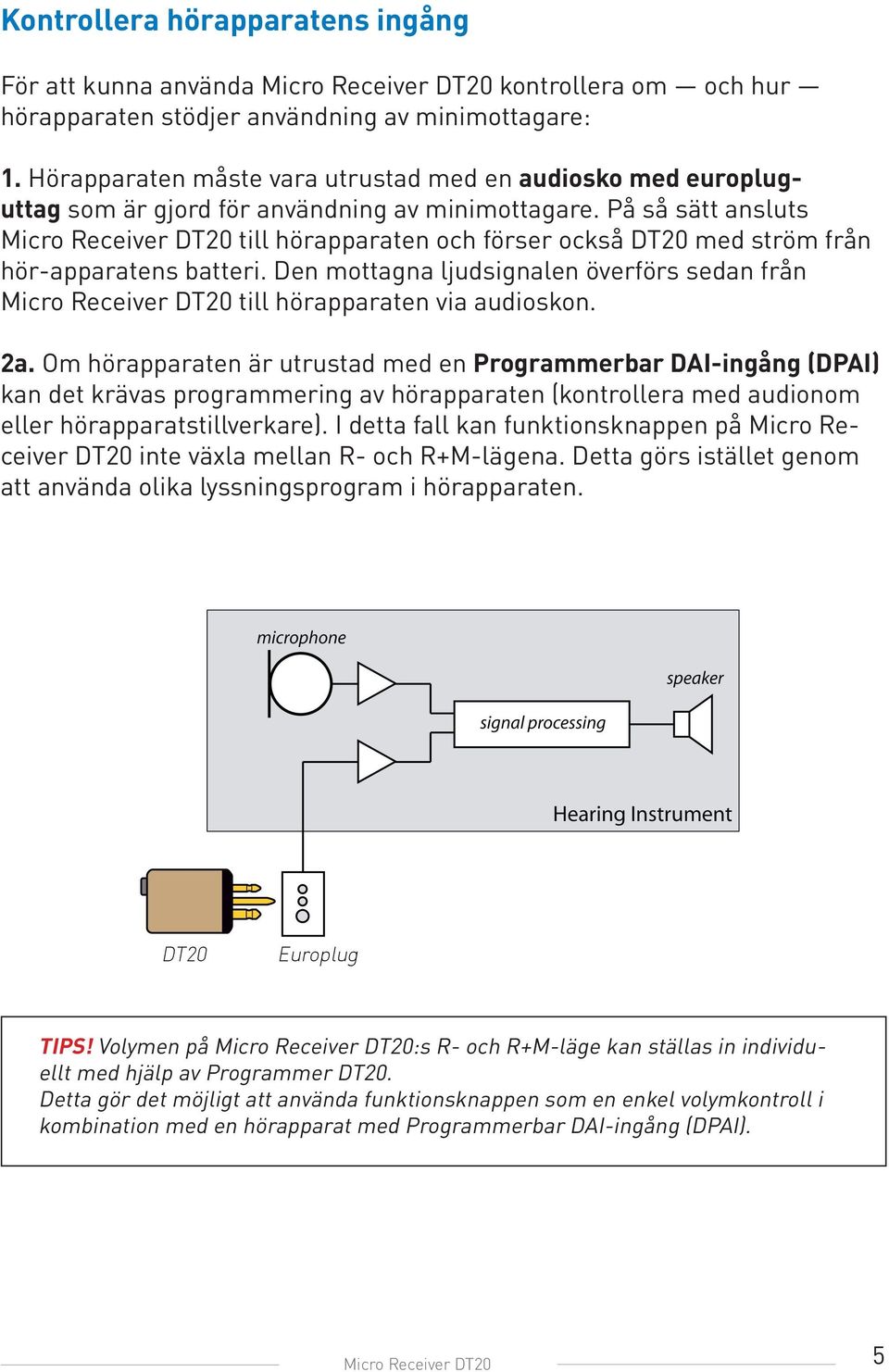 På så sätt ansluts Micro Receiver DT20 till hörapparaten och förser också DT20 med ström från hör-apparatens batteri.