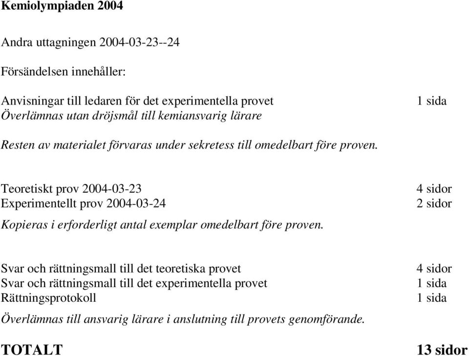 Teoretiskt prov 20040323 Experimentellt prov 20040324 Kopieras i erforderligt antal exemplar omedelbart före proven.