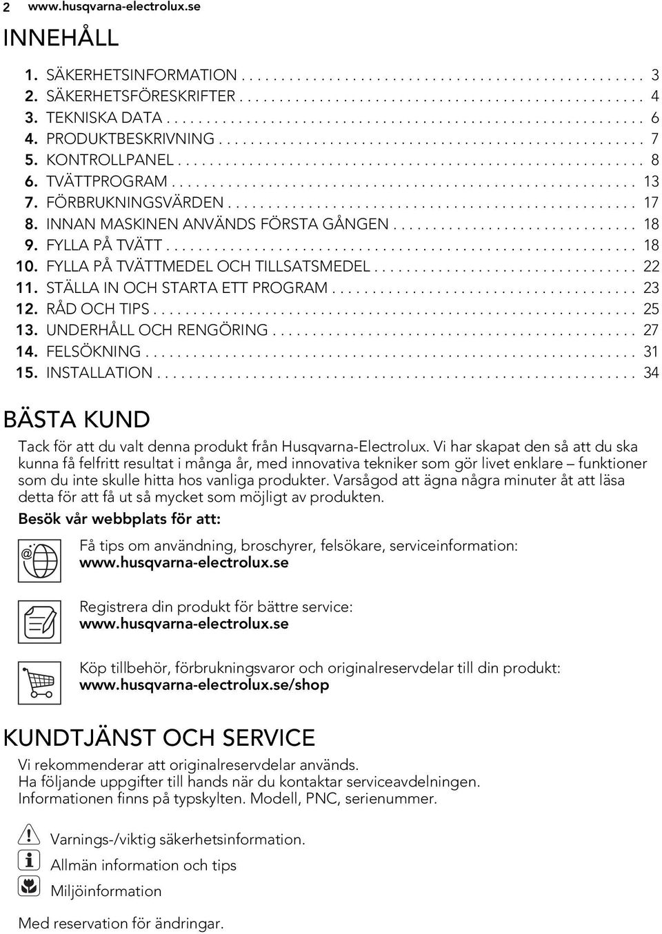 TVÄTTPROGRAM.......................................................... 13 7. FÖRBRUKNINGSVÄRDEN................................................... 17 8. INNAN MASKINEN ANVÄNDS FÖRSTA GÅNGEN............................... 18 9.