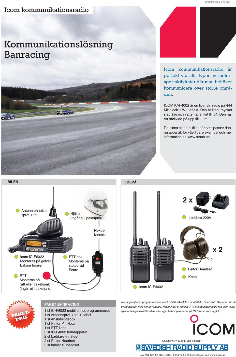 I BILEN I DEPÅ 2 x Antenn på taket spröt + fot Hjälm (ingår ej i paketpris) Laddare 220V Nexuskontakt x 2 Icom IC-F6022 Monteras på golvet bakom föraren PTT Monteras på ratt eller växelspak (ingår ej