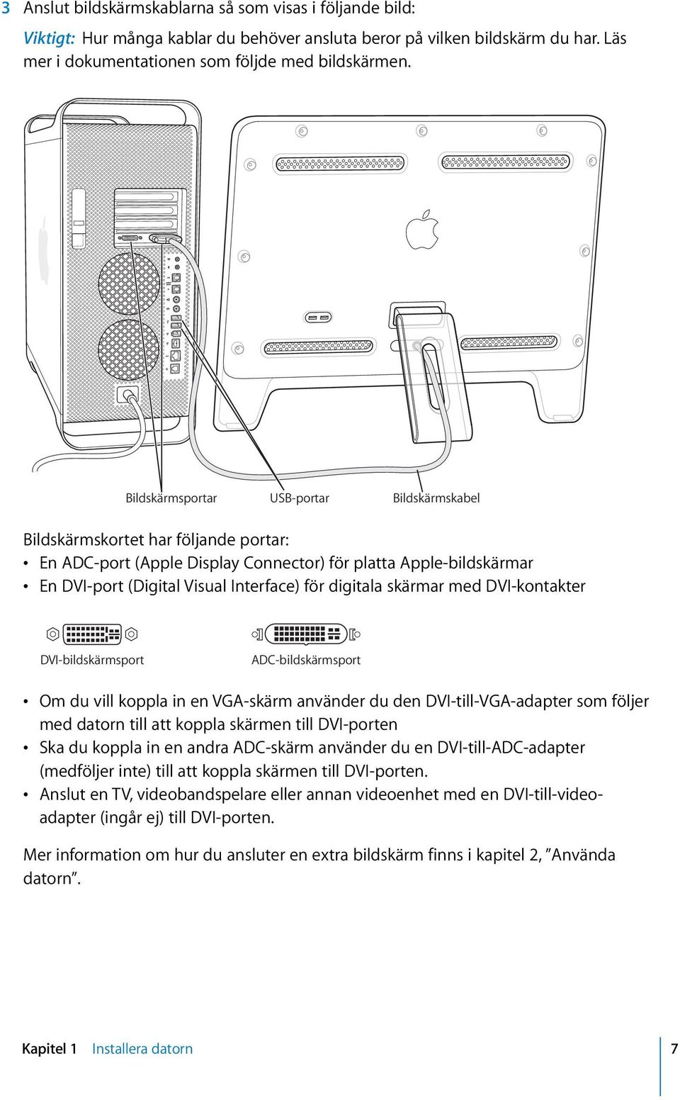 digitala skärmar med DVI-kontakter DVI-bildskärmsport ADC-bildskärmsport Om du vill koppla in en VGA-skärm använder du den DVI-till-VGA-adapter som följer med datorn till att koppla skärmen till