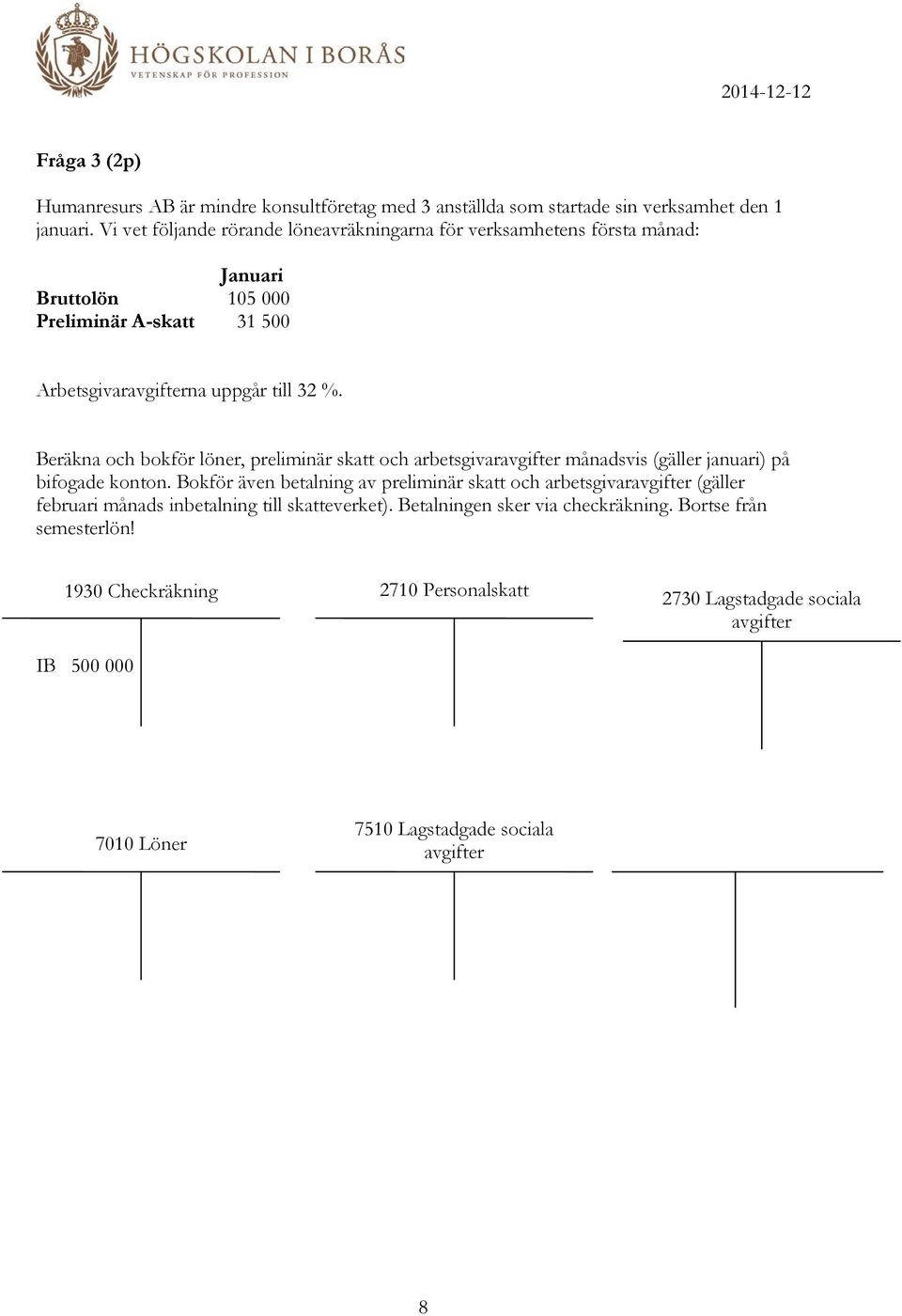 Beräkna och bokför löner, preliminär skatt och arbetsgivaravgifter månadsvis (gäller januari) på bifogade konton.