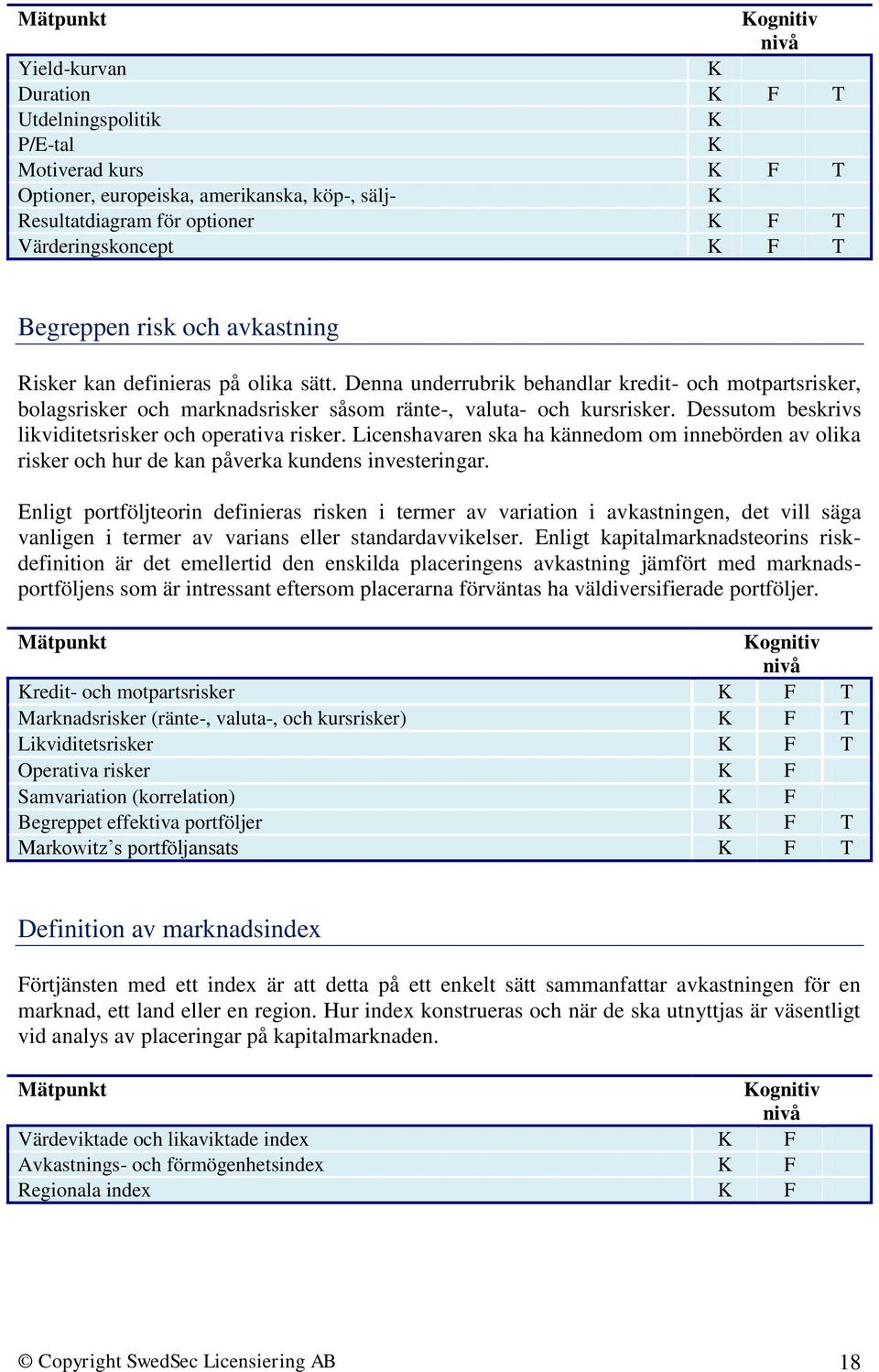 Dessutom beskrivs likviditetsrisker och operativa risker. Licenshavaren ska ha kännedom om innebörden av olika risker och hur de kan påverka kundens investeringar.