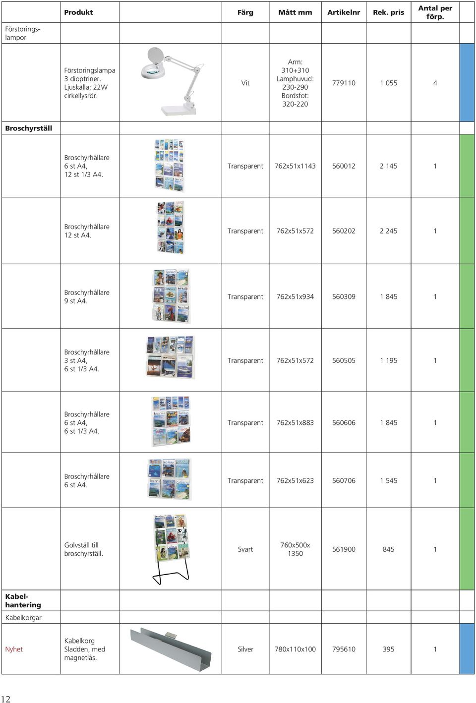 762x51x572 560202 2 245 1 Broschyrhållare 9 st A4. 762x51x934 560309 1 845 1 Broschyrhållare 3 st A4, 6 st 1/3 A4.