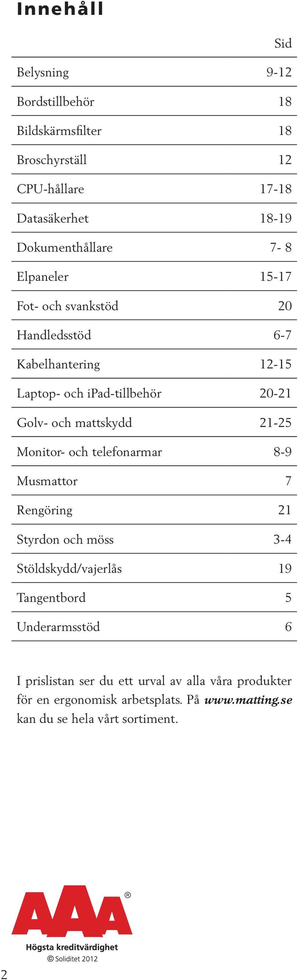 och mattskydd 21-25 Monitor- och telefonarmar 8-9 Musmattor 7 Rengöring 21 Styrdon och möss 3-4 Stöldskydd/vajerlås 19 Tangentbord 5
