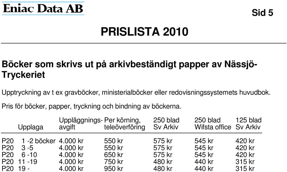Uppläggnings- Per körning, 250 blad 250 blad 125 blad Upplaga avgift teleöverföring Sv Arkiv Wifsta office Sv Arkiv P20 1-2 böcker 4.