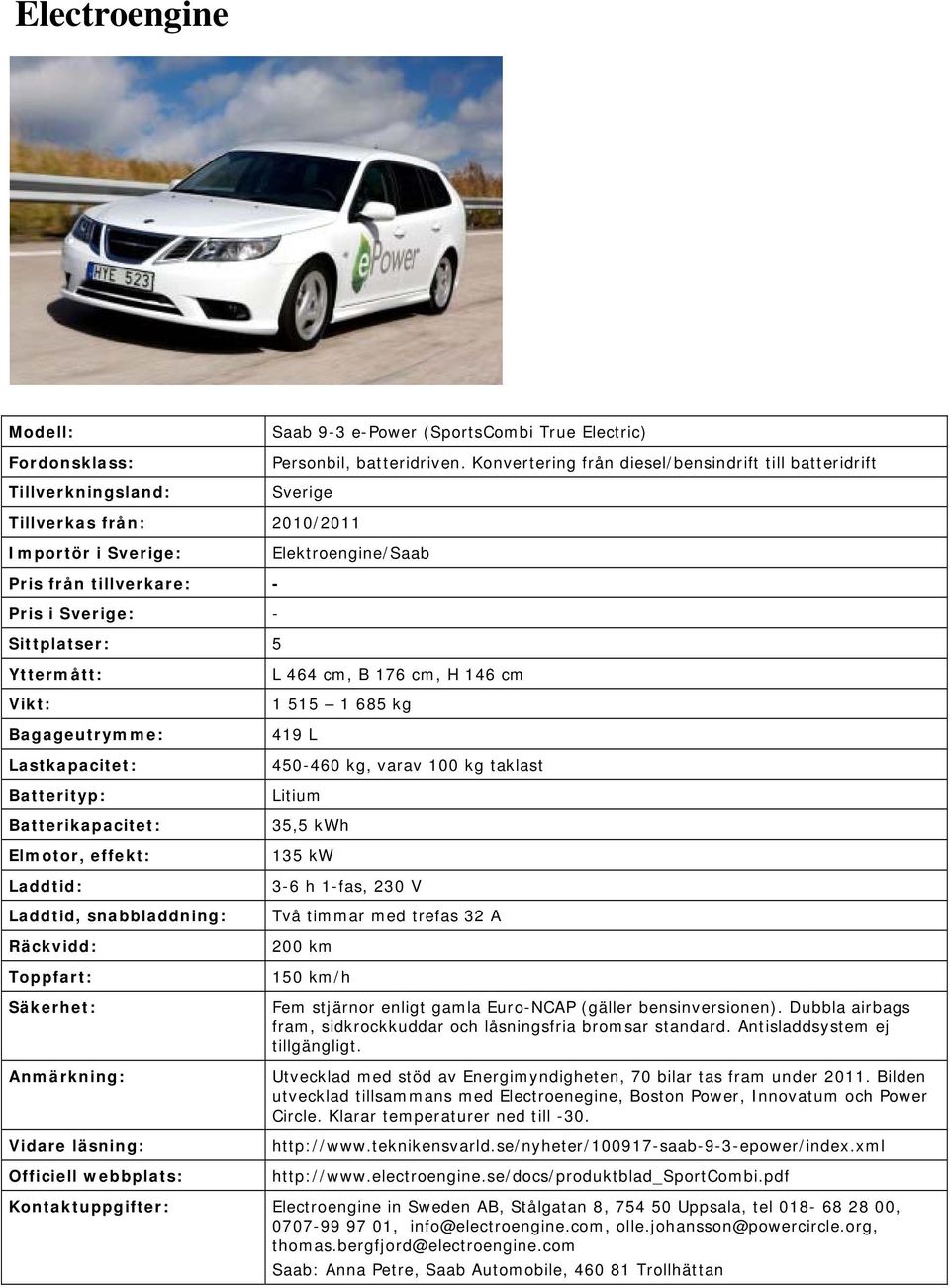 Elektroengine/Saab L 464 cm, B 176 cm, H 146 cm 1 515 1 685 kg 419 L 450-460 kg, varav 100 kg taklast Litium 35,5 kwh 135 kw 3-6 h 1-fas, 230 V Två timmar med trefas 32 A 200 km 150 km/h Fem stjärnor