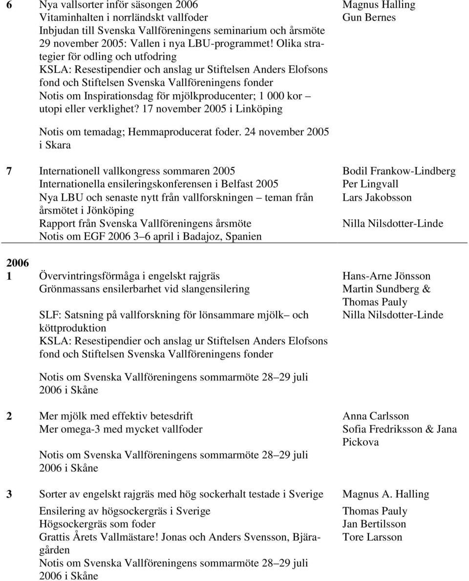 24 november 2005 i Skara 7 Internationell vallkongress sommaren 2005 Bodil Frankow-Lindberg Internationella ensileringskonferensen i Belfast 2005 Per Lingvall Nya LBU och senaste nytt från