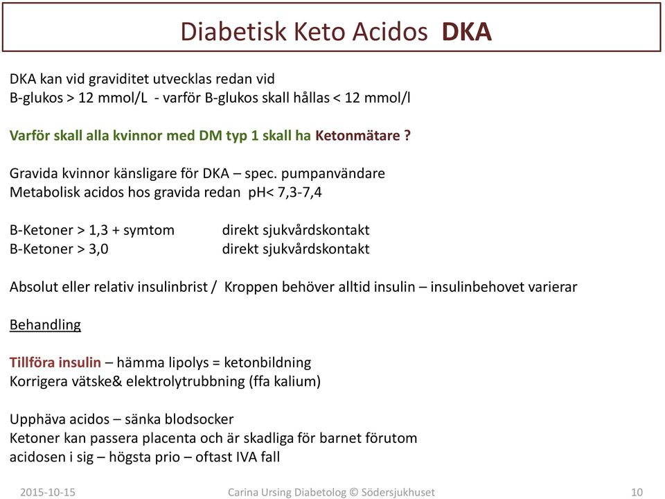 pumpanvändare Metabolisk acidos hos gravida redan ph< 7,3-7,4 B-Ketoner > 1,3 + symtom B-Ketoner > 3,0 direkt sjukvårdskontakt direkt sjukvårdskontakt Absolut eller relativ