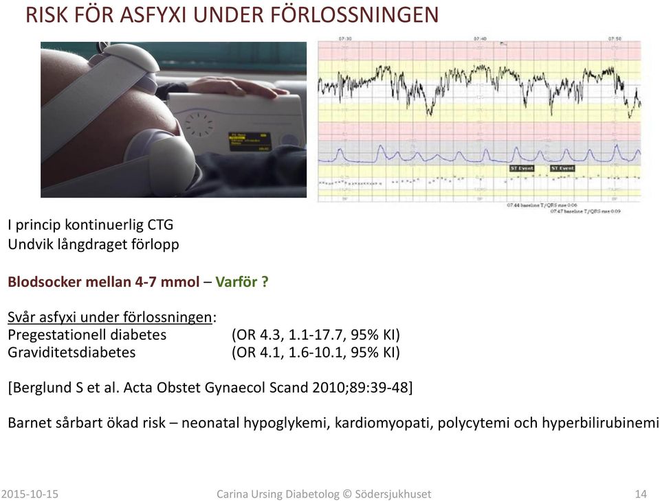 Svår asfyxi under förlossningen: Pregestationell diabetes Graviditetsdiabetes (OR 4.3, 1.1-17.