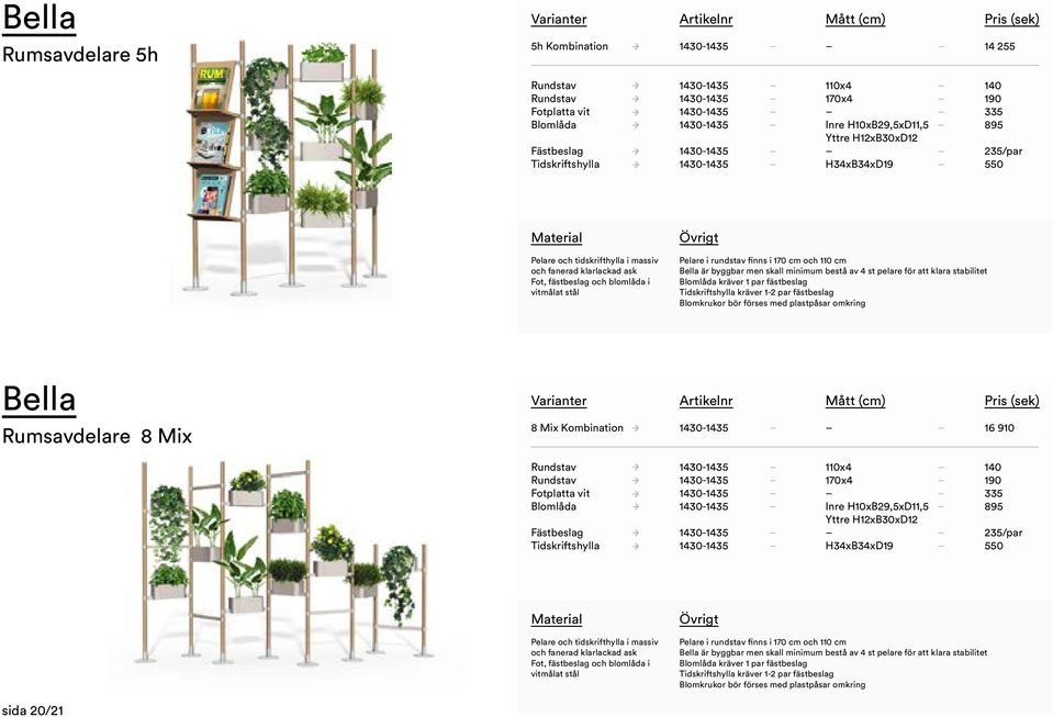 4 st pelare för att klara stabilitet Blomlåda kräver 1 par fästbeslag Tidskriftshylla kräver 1-2 par fästbeslag Blomkrukor bör förses med plastpåsar omkring Bella Rumsavdelare 8 Mix 8 Mix Kombination