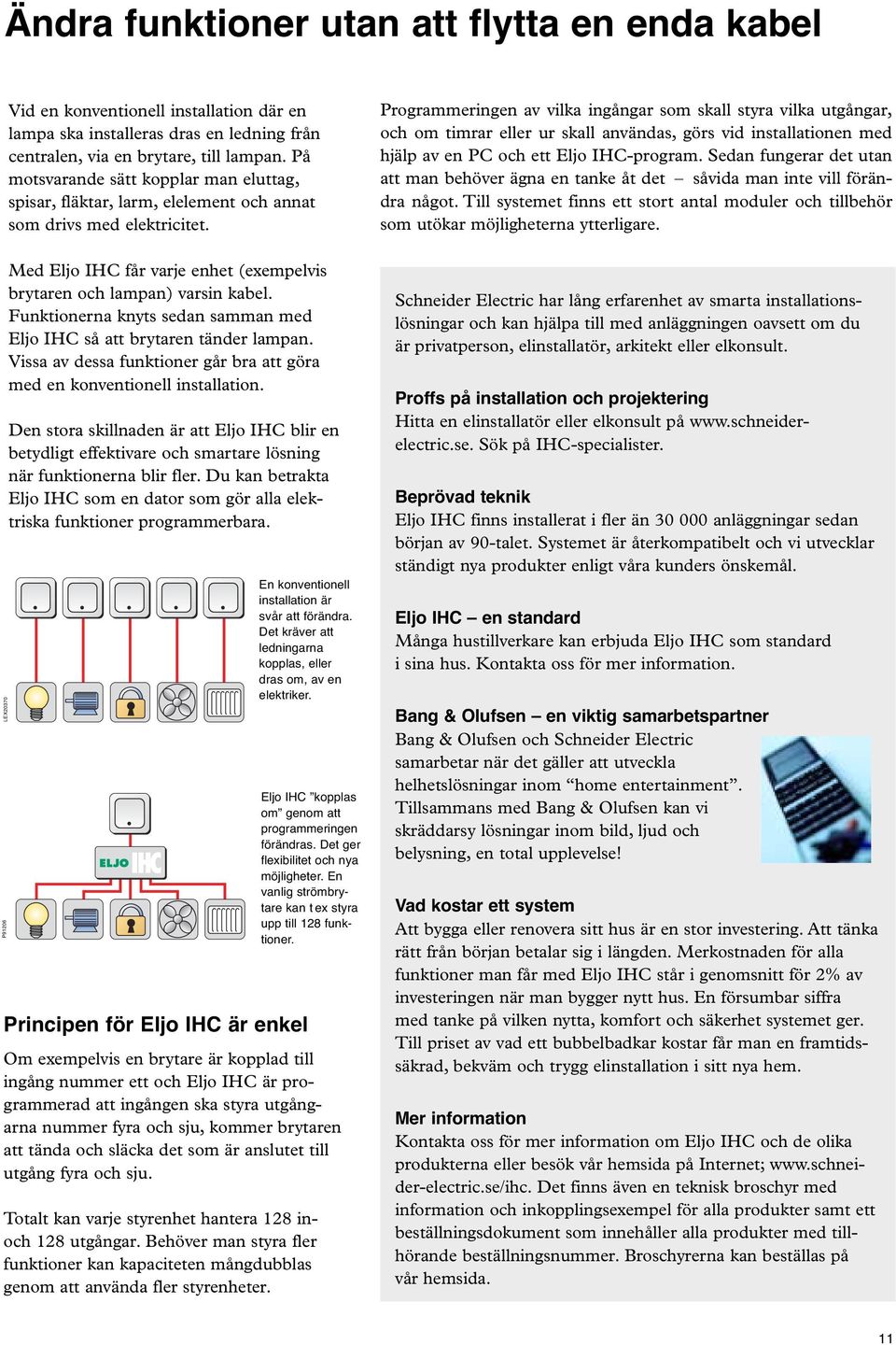 Programmeringen av vilka ingångar som skall styra vilka utgångar, och om timrar eller ur skall användas, görs vid installationen med hjälp av en PC och ett Eljo IHC-program.