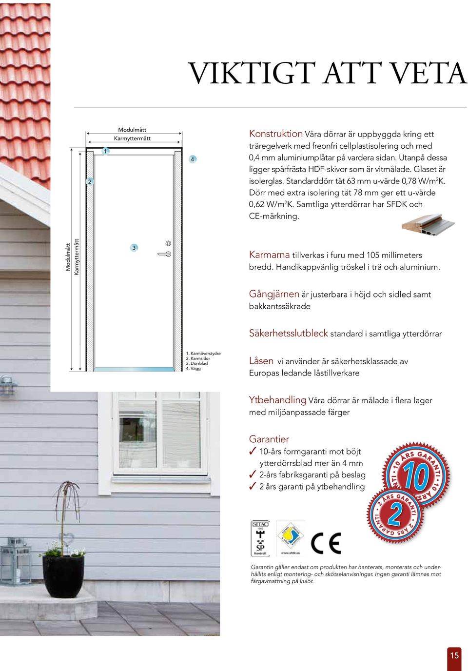 Samtliga ytterdörrar har SFDK och CE-märkning. Modulmått Karmyttermått 3 Karmarna tillverkas i furu med 105 millimeters bredd. Handikappvänlig tröskel i trä och aluminium.