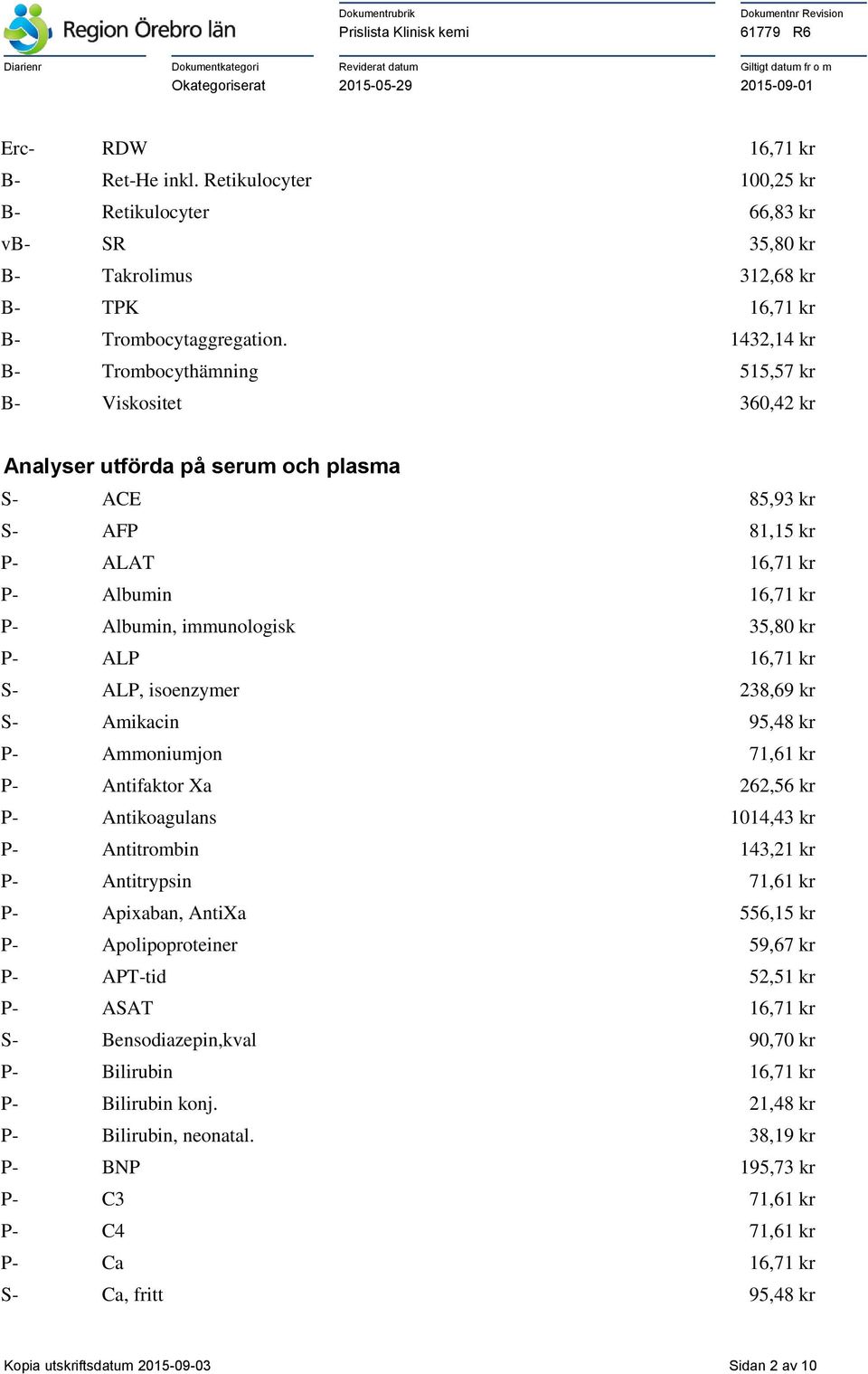 35,80 kr P- ALP 16,71 kr S- ALP, isoenzymer 238,69 kr S- Amikacin 95,48 kr P- Ammoniumjon 71,61 kr P- Antifaktor Xa 262,56 kr P- Antikoagulans 1014,43 kr P- Antitrombin 143,21 kr P- Antitrypsin 71,61