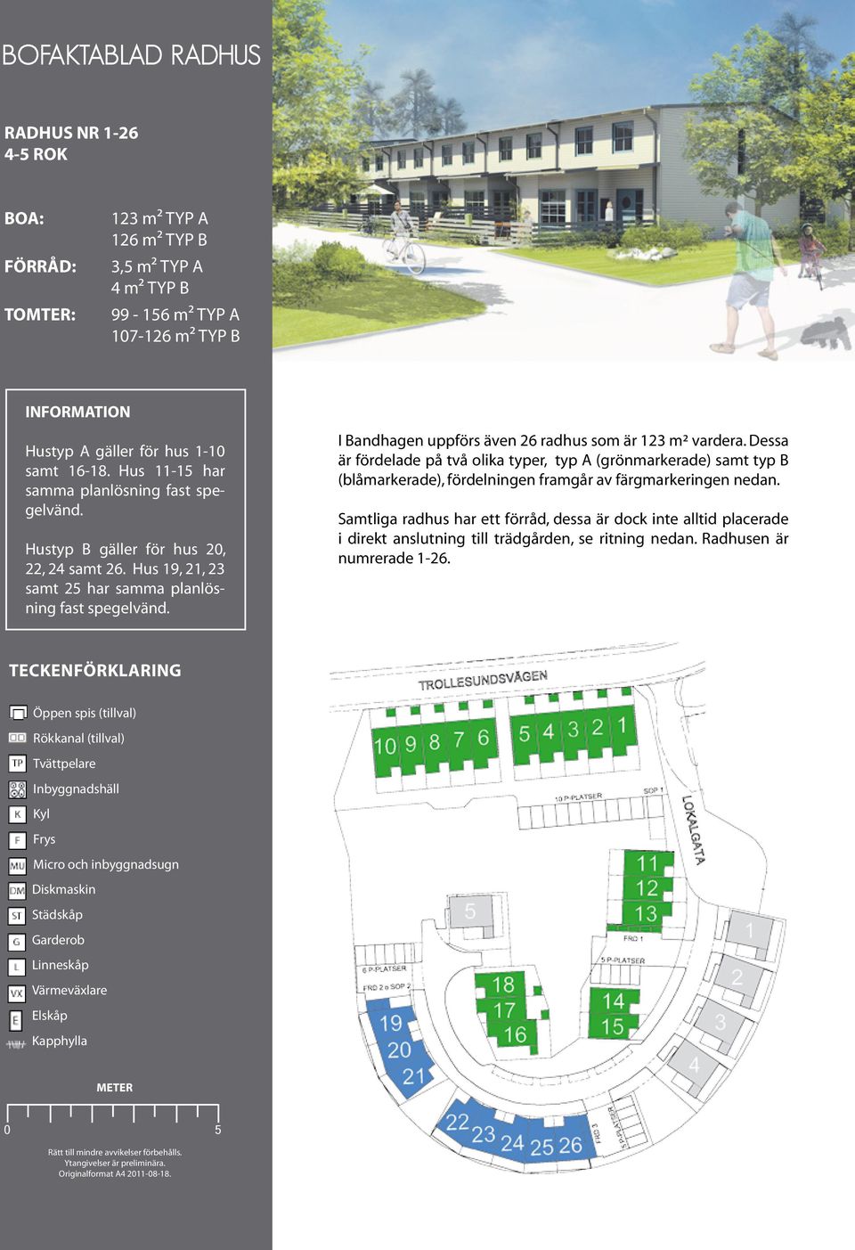 I Bandhagen uppförs även 26 radhus som är 123 m² vardera. Dessa är fördelade på två olika typer, typ A (grönmarkerade) samt typ B (blåmarkerade), fördelningen framgår av färgmarkeringen nedan.