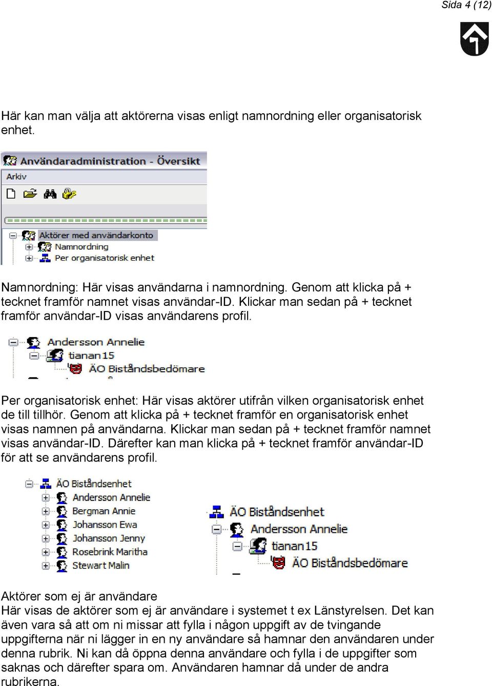 Per organisatorisk enhet: Här visas aktörer utifrån vilken organisatorisk enhet de till tillhör. Genom att klicka på + tecknet framför en organisatorisk enhet visas namnen på användarna.