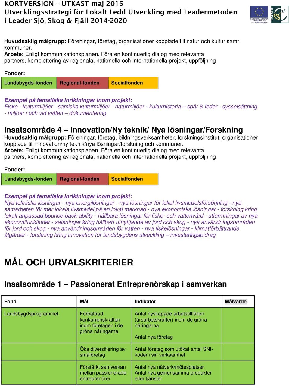 tematiska inriktningar inom projekt: Fiske - kulturmiljöer - samiska kulturmiljöer - naturmiljöer - kulturhistoria spår & leder - sysselsättning - miljöer i och vid vatten dokumentering Insatsområde